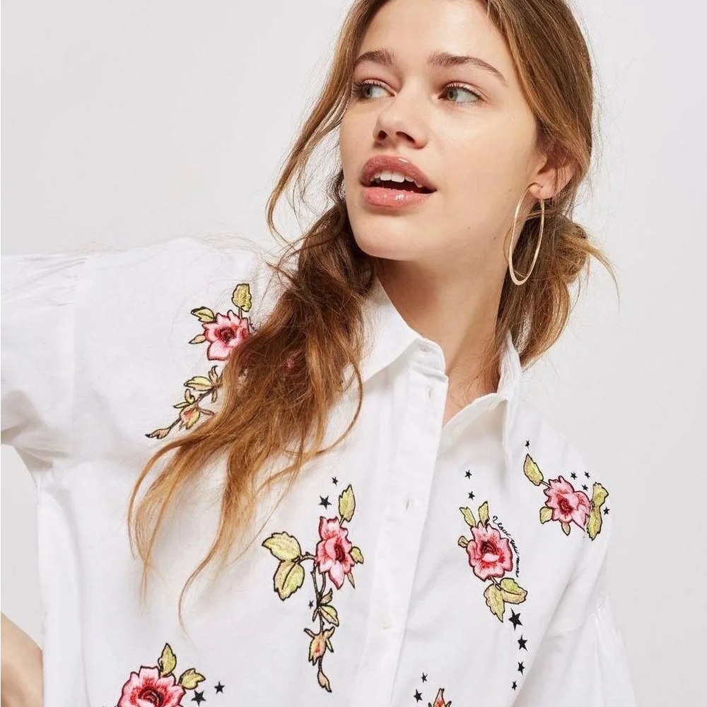 Topshop ‘Love Me Grace’ Embroidered Button Down White Oxford Shirt 100% Cotton